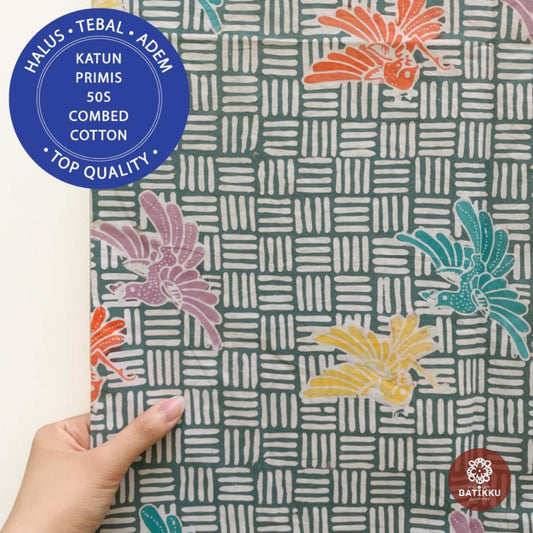 Birds on Green Tiles Design - Solo Indonesian Premium Hand Stamped Cotton Batik Fabric for Wall Art, Fashion Fabric | Batikku Wonderland