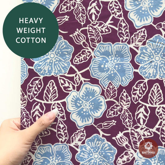 Blue Purple Cosmos Flower Design - Indonesian Premium Hand Stamped Cotton Batik Fabric for Wall Art, Fashion Fabric, Home Decor | Batikku Wonderland