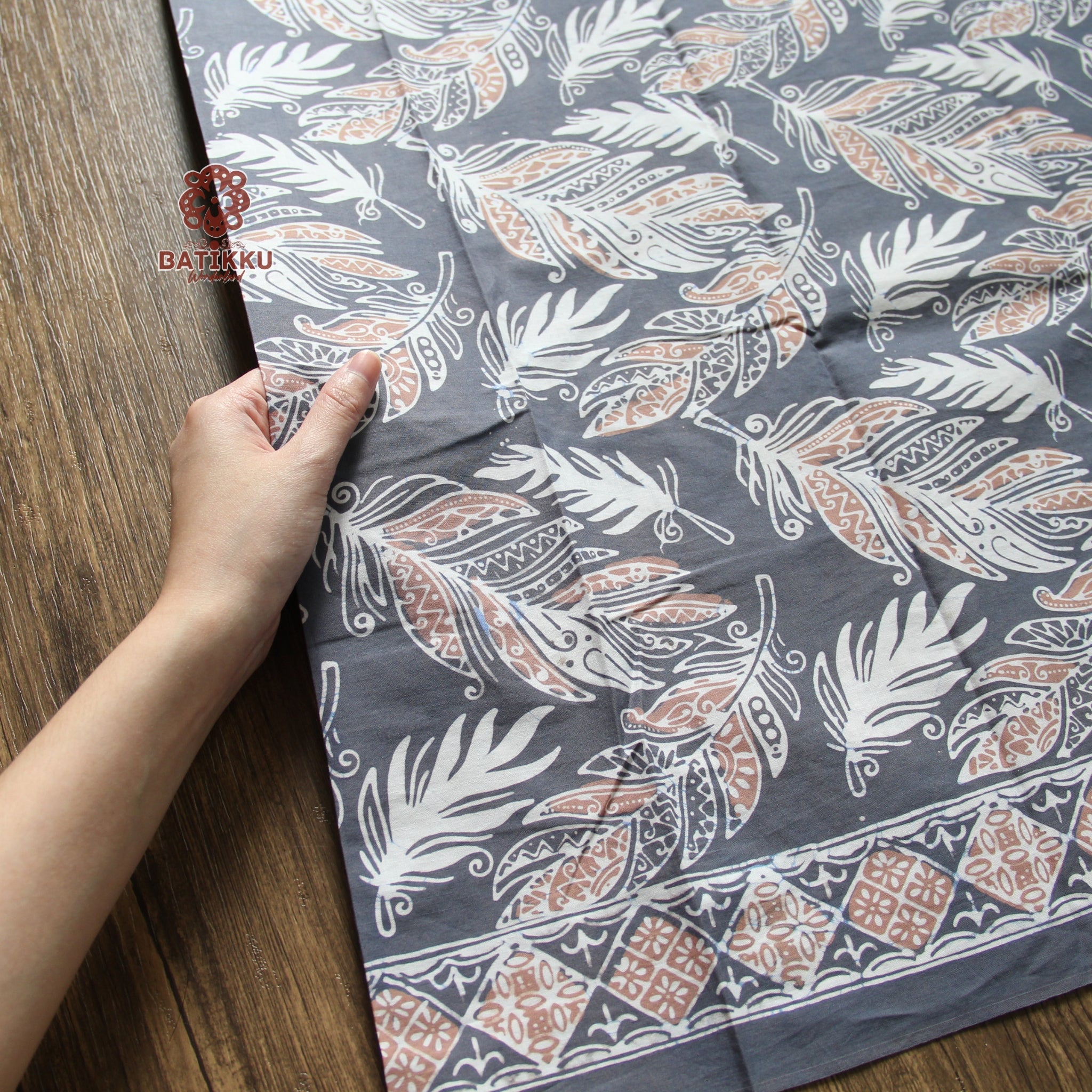 Gray Aesthetic Feather Hand-Stamped Batik Fabric